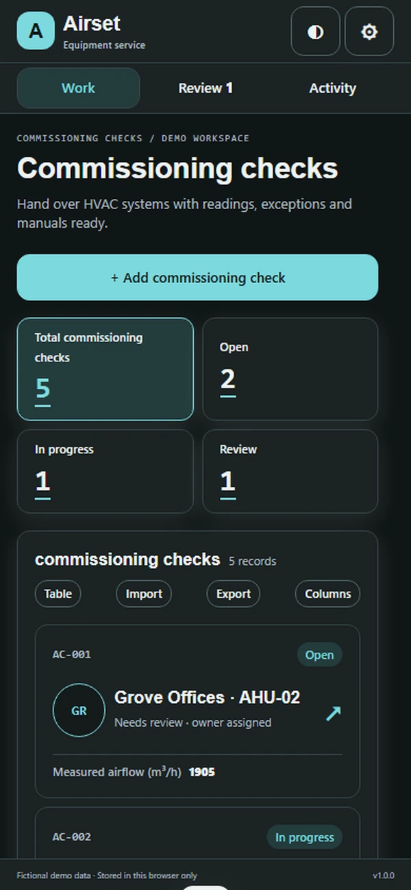 Airset HVAC commissioning app: start screen with the correct unit and its specification
