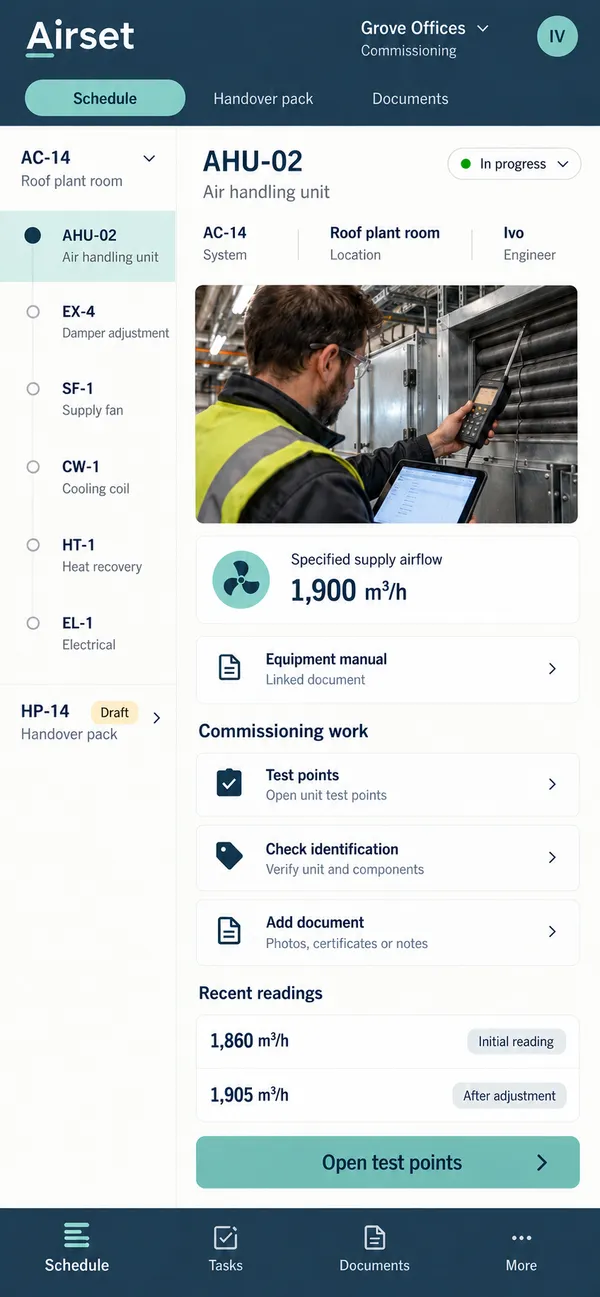 Airset HVAC commissioning app: start screen with the correct unit and its specification