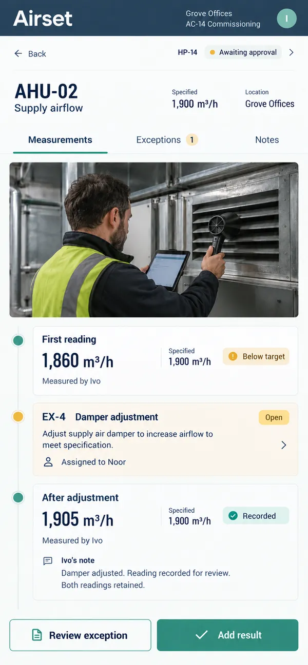 Airset HVAC commissioning app: an adjustment shown with the measurements taken before and after it