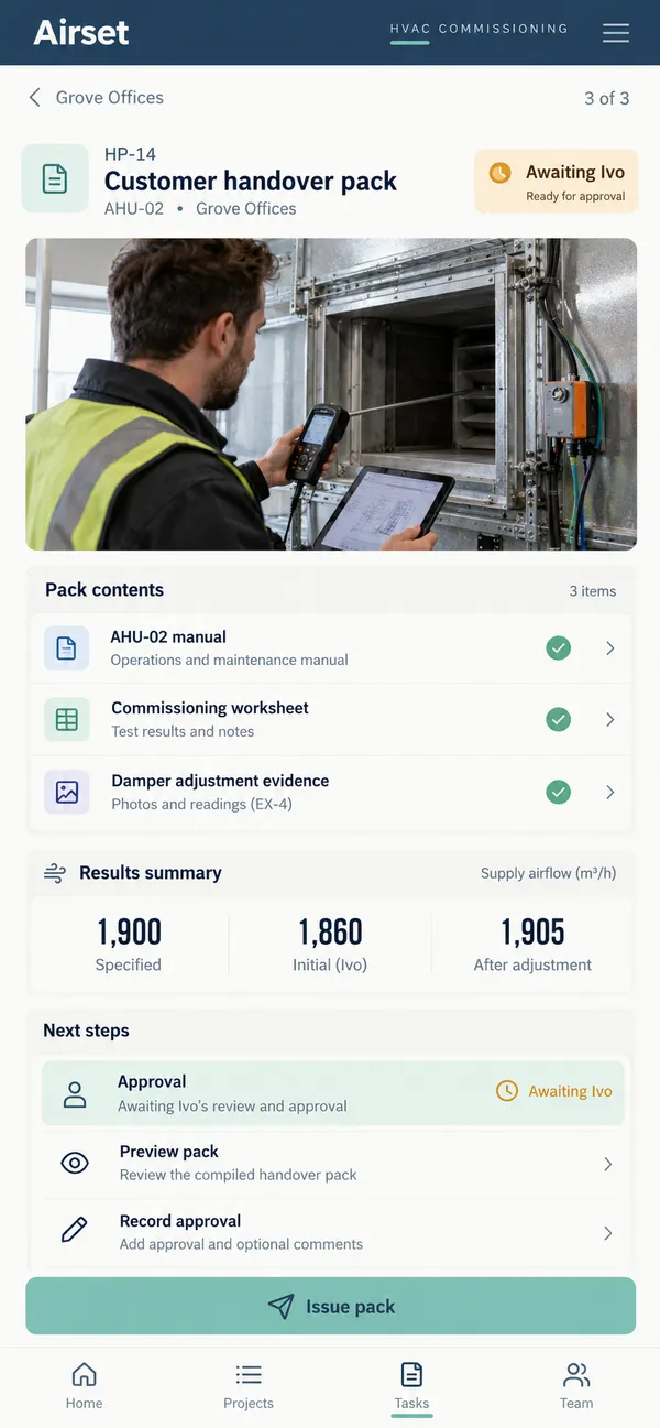 Airset HVAC commissioning app: organized commissioning record with exceptions and manuals for handover
