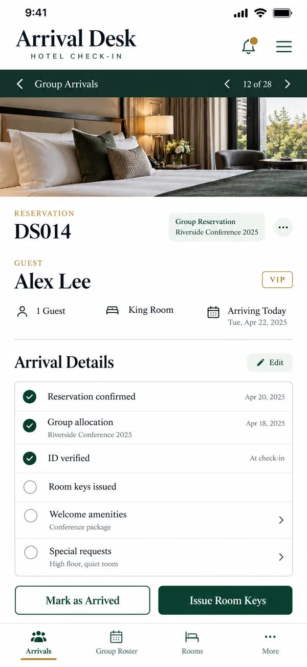 Arrival Desk group check-in app: guest review flagging missing details