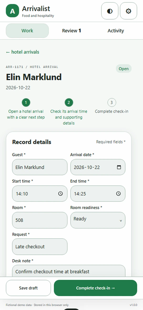 Arrivalist: editable business record and action