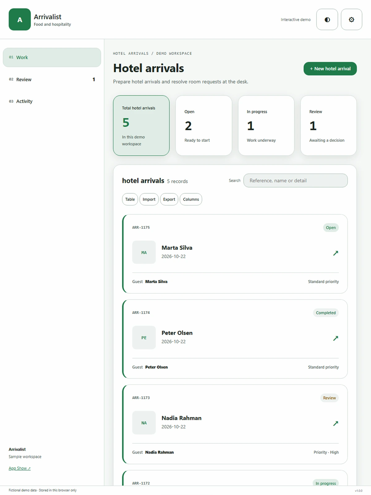 Arrivalist responsive tablet workspace with sample business records.