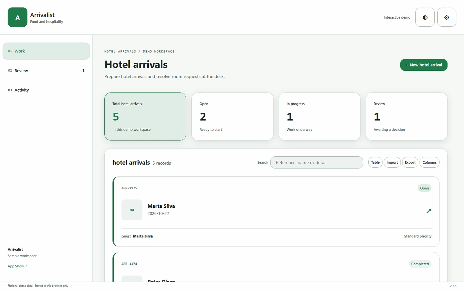 Arrivalist responsive pc workspace with sample business records.