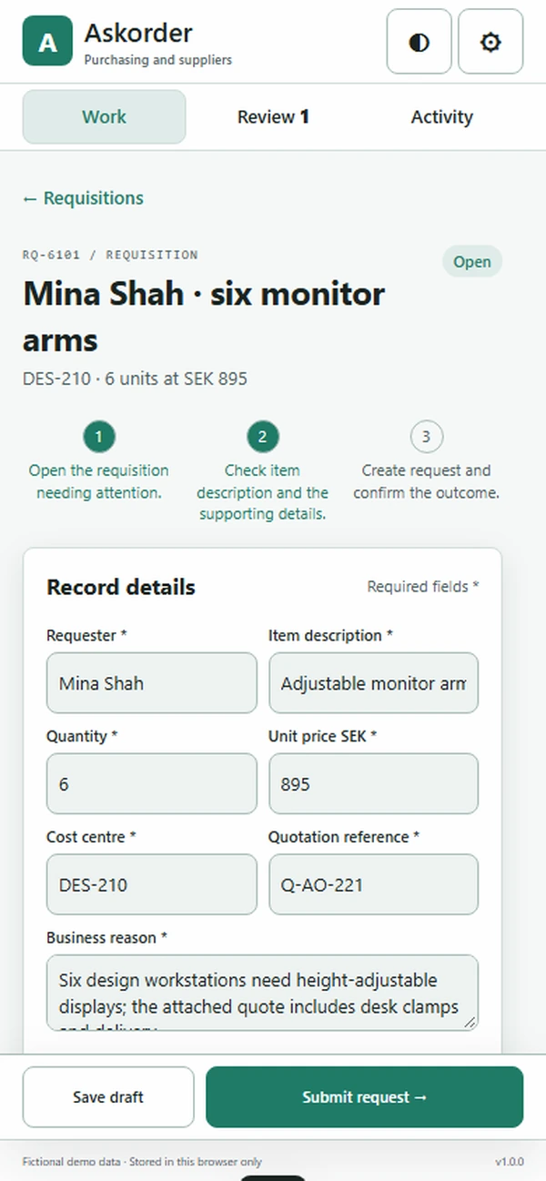 Askorder: editable business record and action