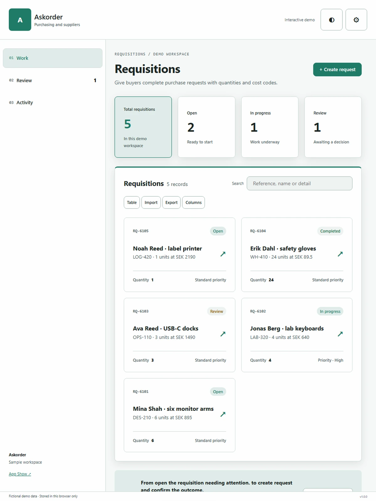 Askorder responsive tablet workspace with sample business records.