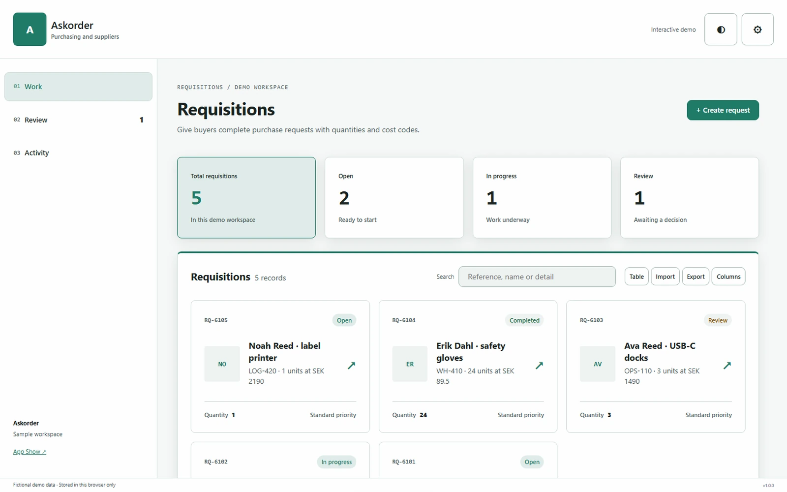 Askorder responsive pc workspace with sample business records.