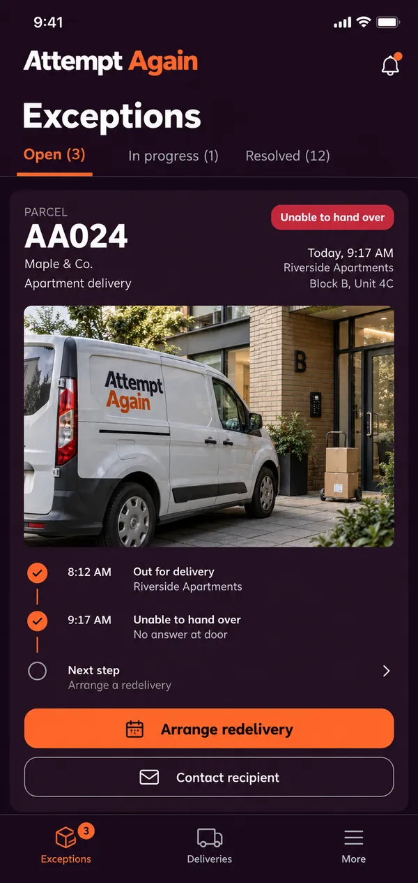 Attempt Again failed delivery app: unsuccessful deliveries in an exceptions inbox