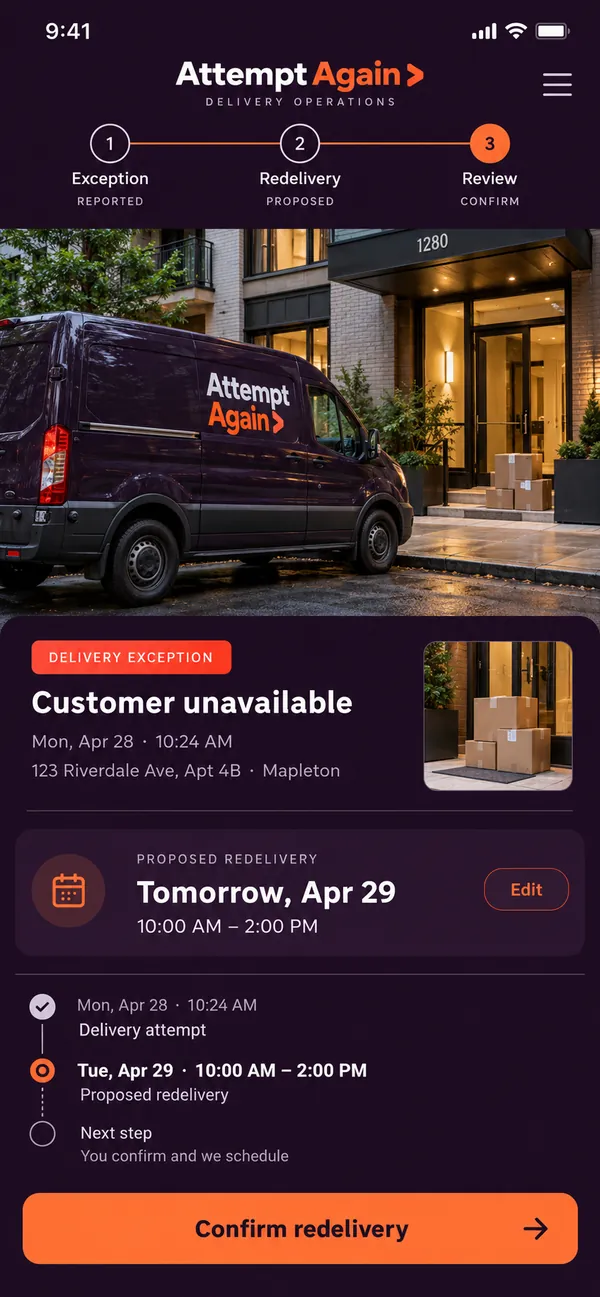 Attempt Again failed delivery app: the dispatcher reviewing the follow-up action