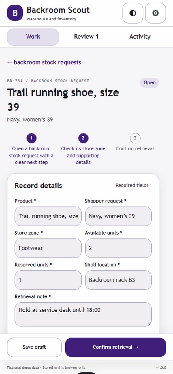 Backroom Scout: editable business record and action
