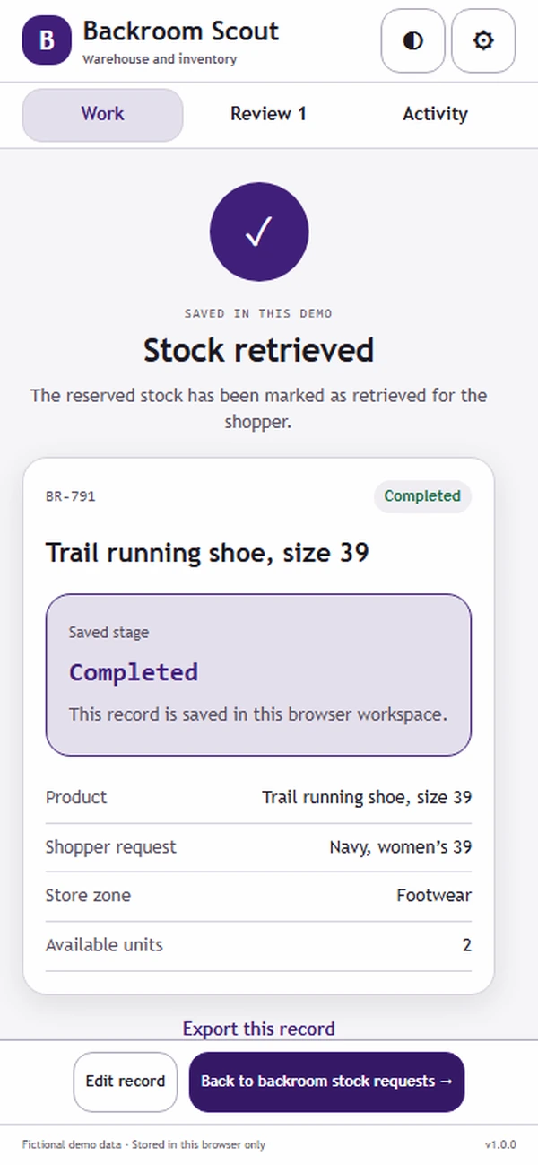 Backroom Scout: saved result with recorded details