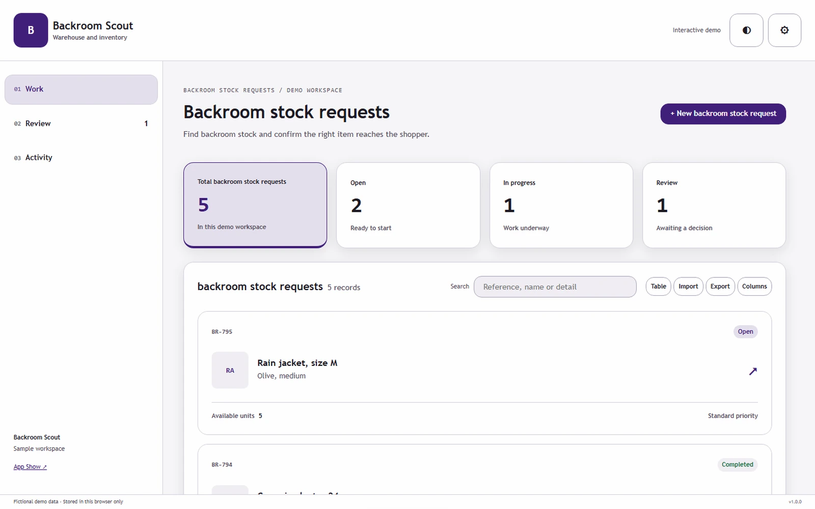 Backroom Scout responsive pc workspace with sample business records.