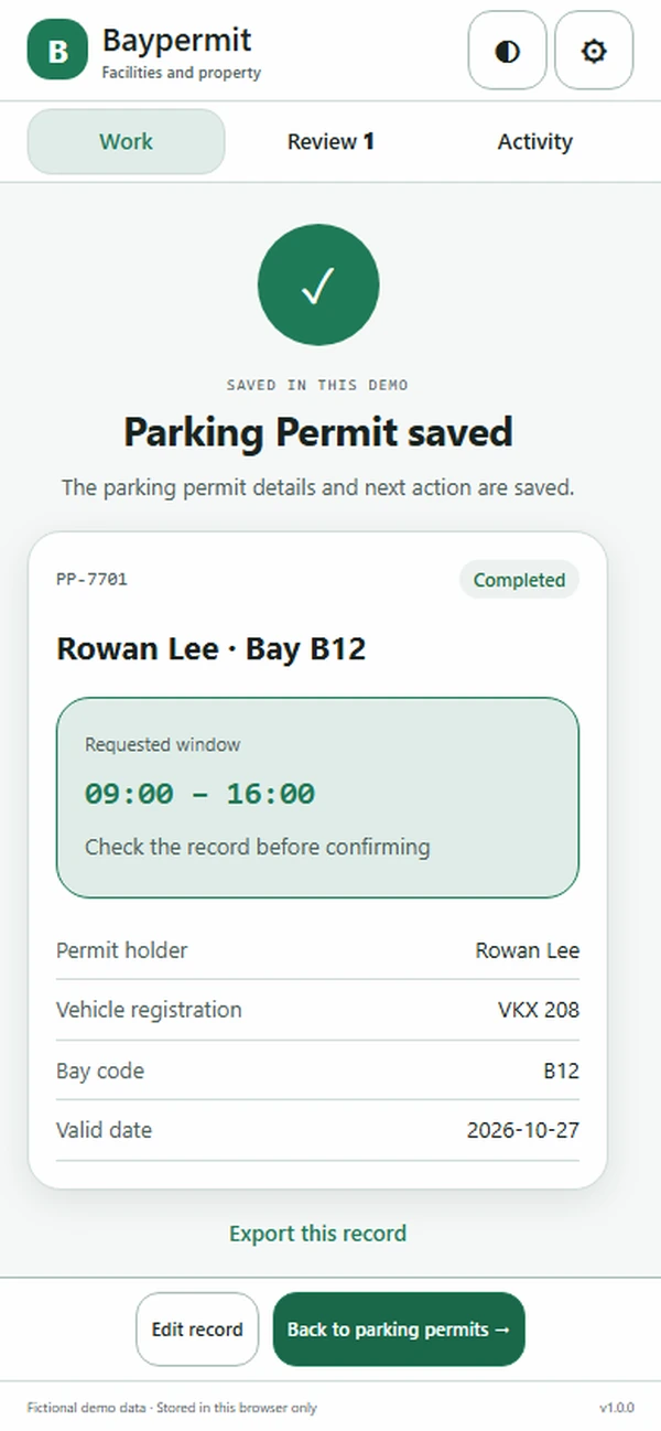 Baypermit: saved result with recorded details