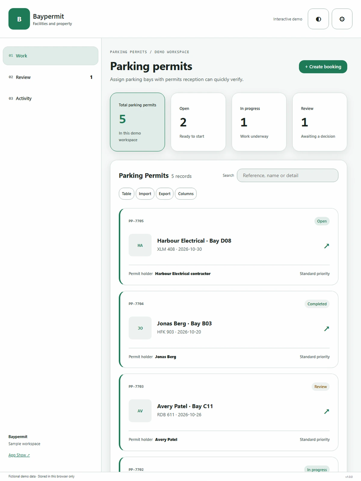 Baypermit responsive tablet workspace with sample business records.