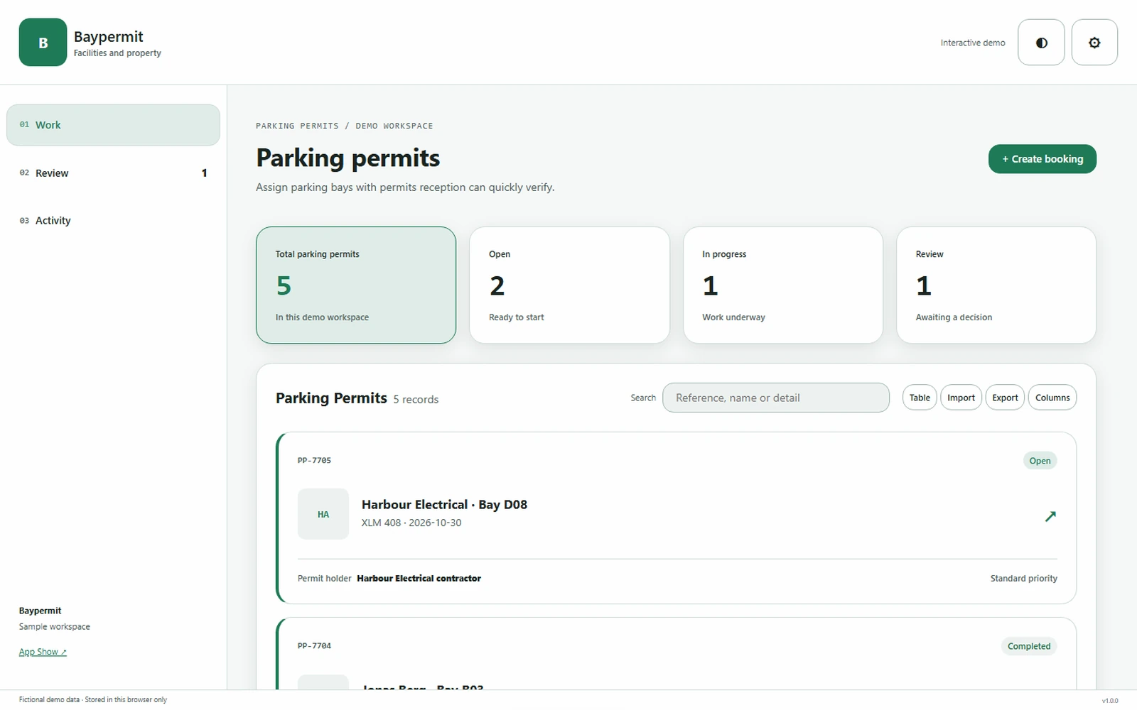 Baypermit responsive pc workspace with sample business records.