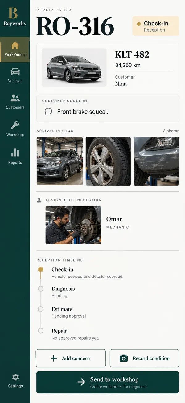 Bayworks auto repair shop app: vehicle arrival record created at intake