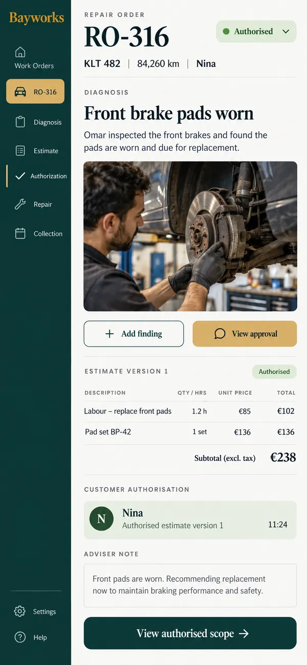 Bayworks auto repair shop app: customer approval tied to the proposed repair