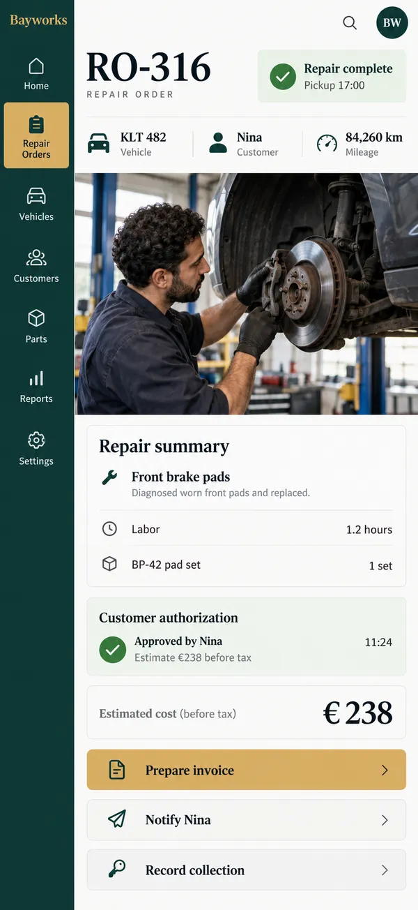Bayworks auto repair shop app: pickup prepared from the completed workshop record