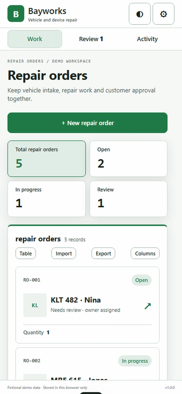 Bayworks auto repair shop app: vehicle arrival record created at intake