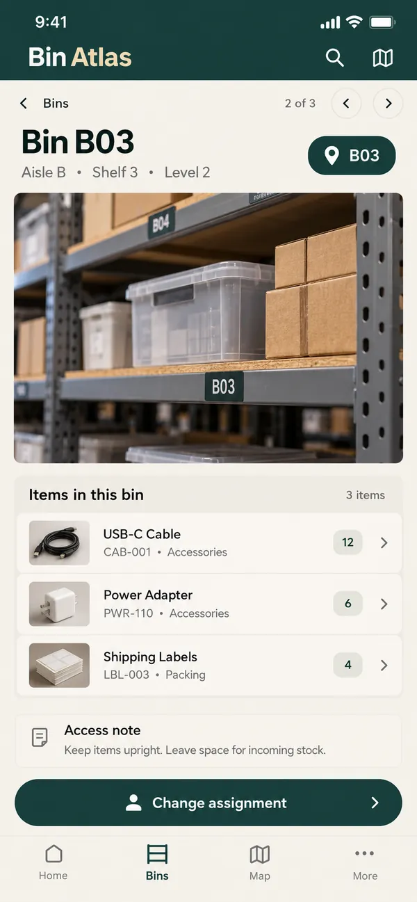 Open a bin with its photo, access note and contents.