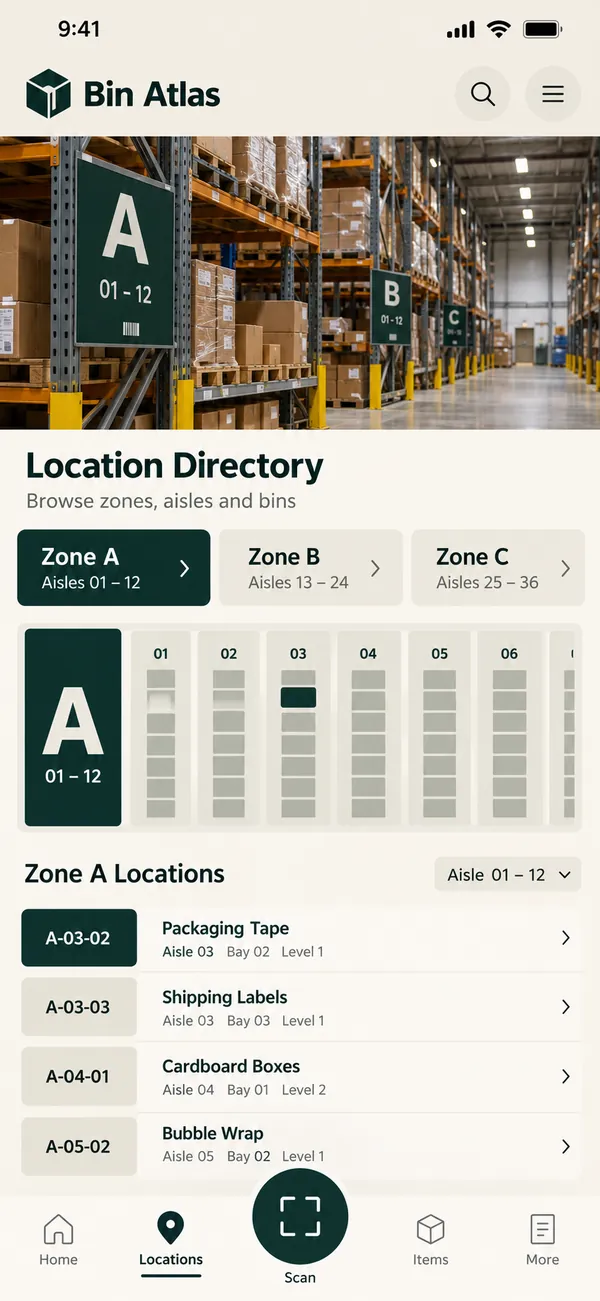 Bin Atlas warehouse bin location app: zones, aisles and bins browsed in one directory