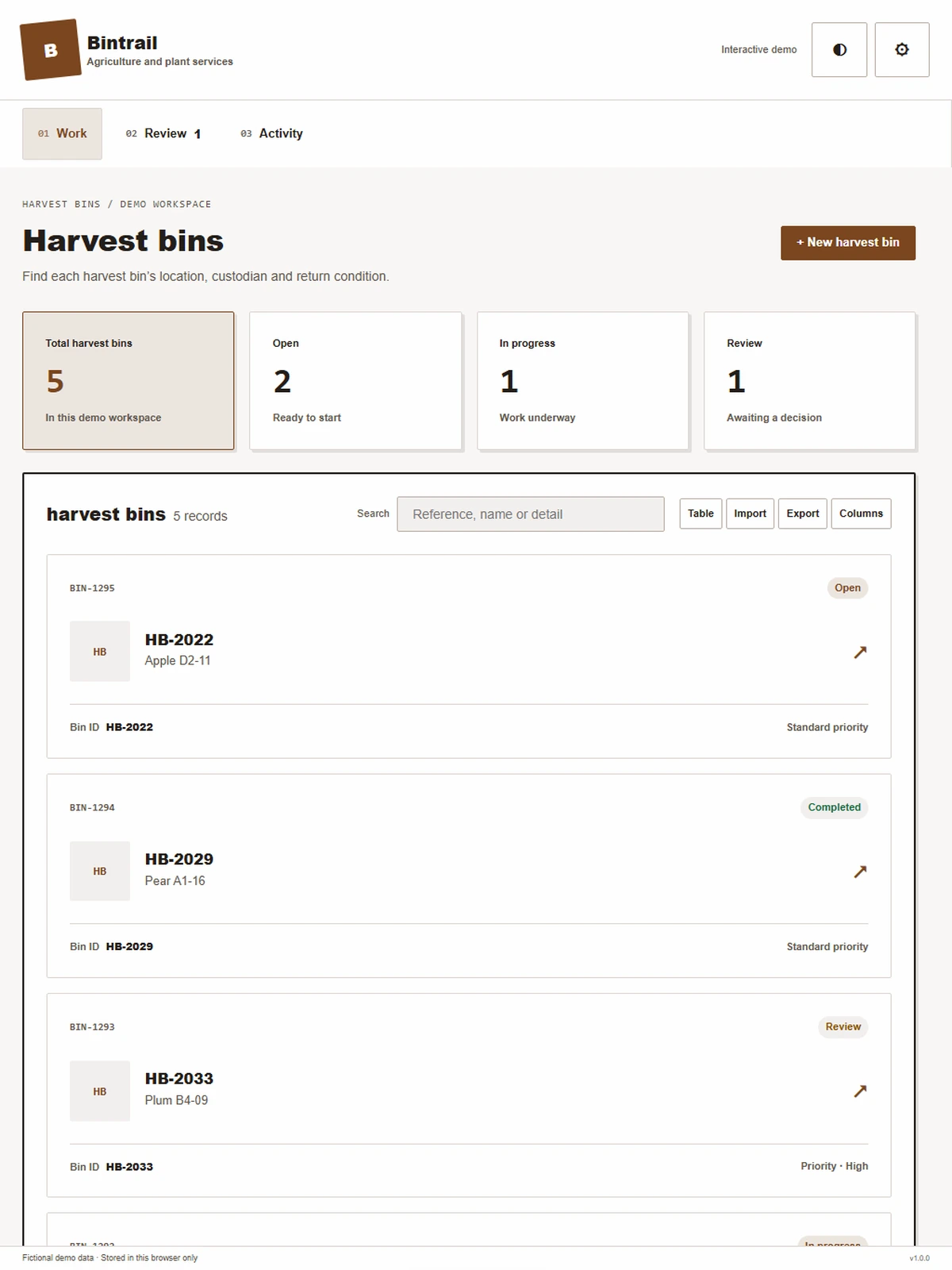 Bintrail responsive tablet workspace with sample business records.