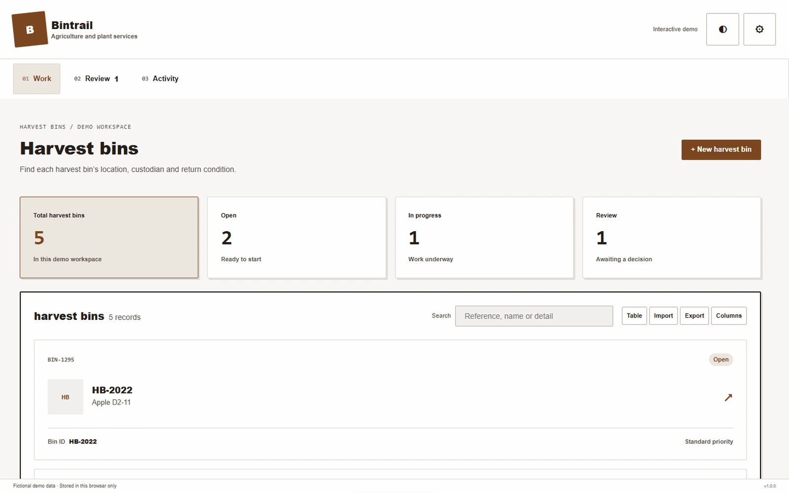 Bintrail responsive pc workspace with sample business records.