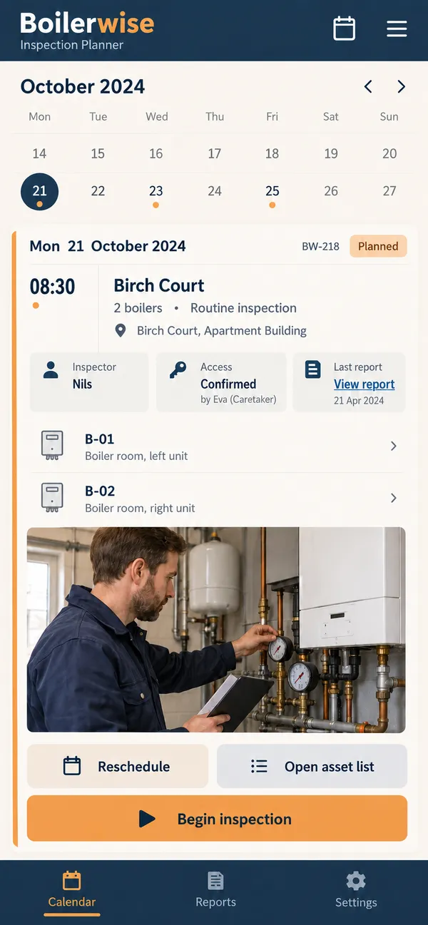 Boilerwise boiler inspection app: access and assets prepared before the inspection visit
