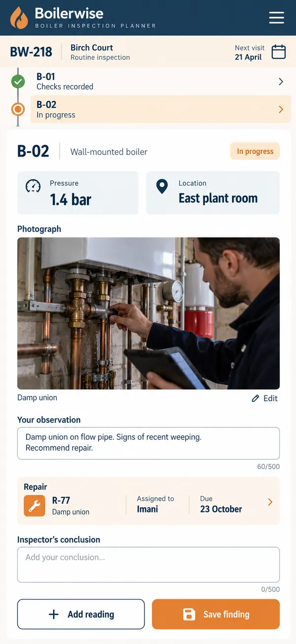 Boilerwise boiler inspection app: findings recorded together with the repair action
