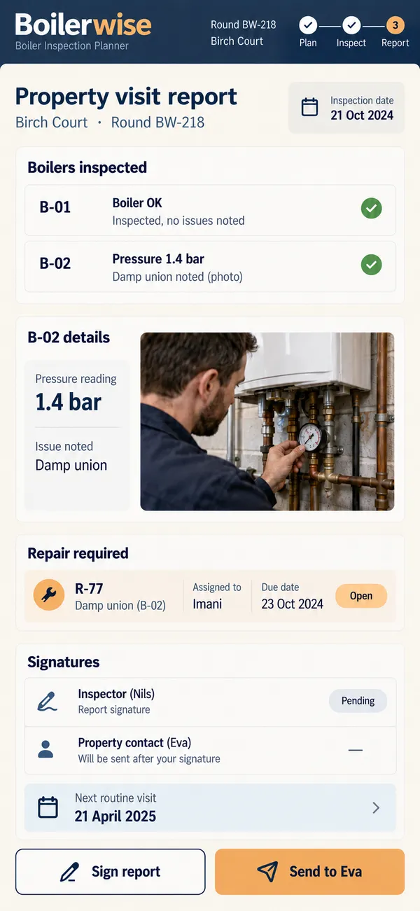 Boilerwise boiler inspection app: a property report the contact can act on
