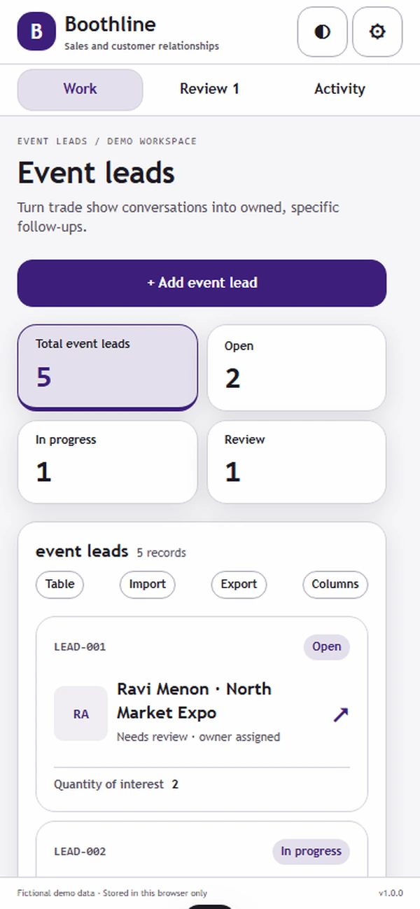 Boothline: work queue with sample records