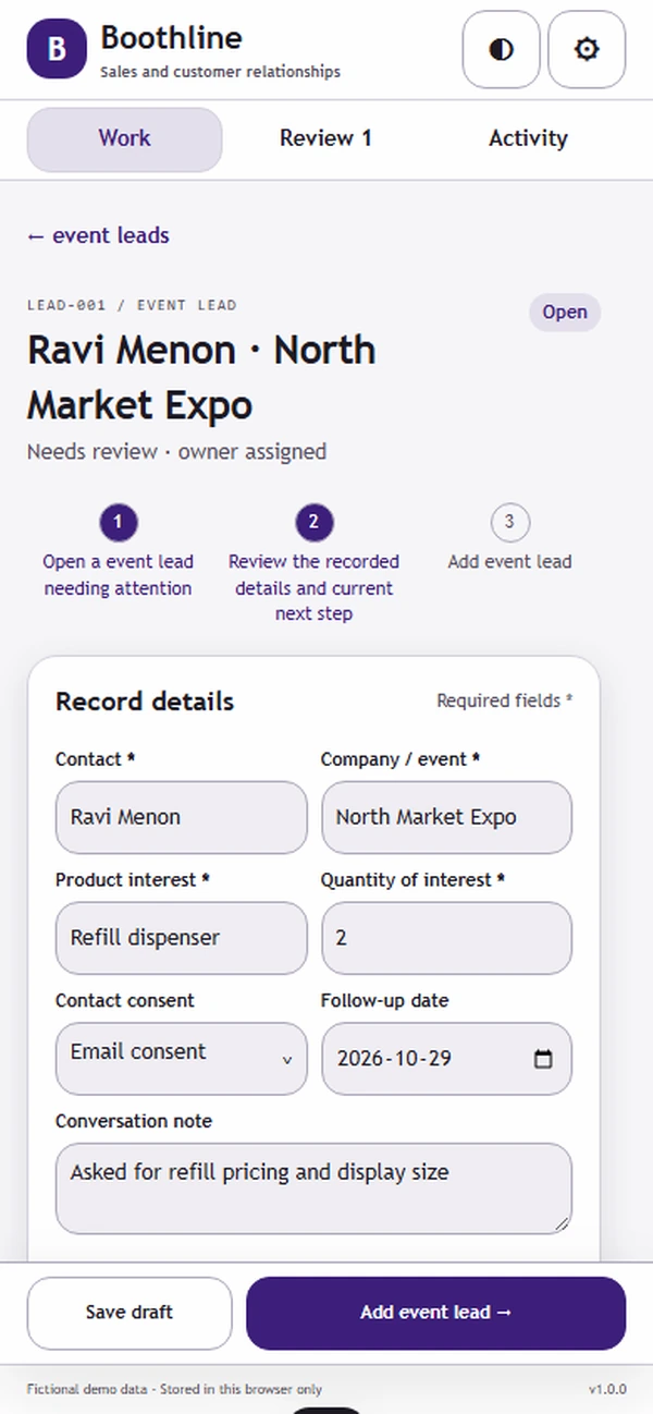 Boothline: editable business record and action