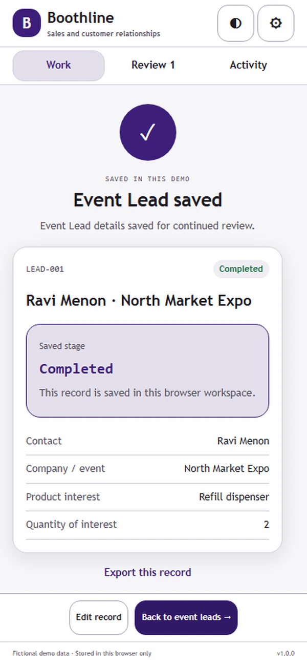 Boothline: saved result with recorded details