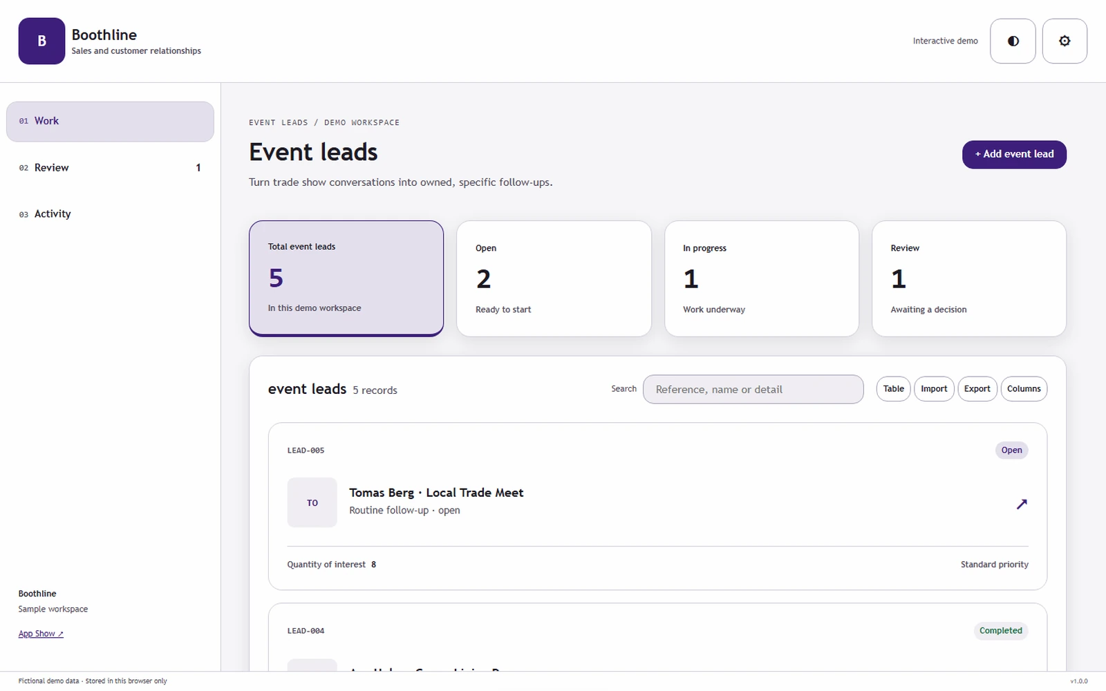 Boothline responsive pc workspace with sample business records.