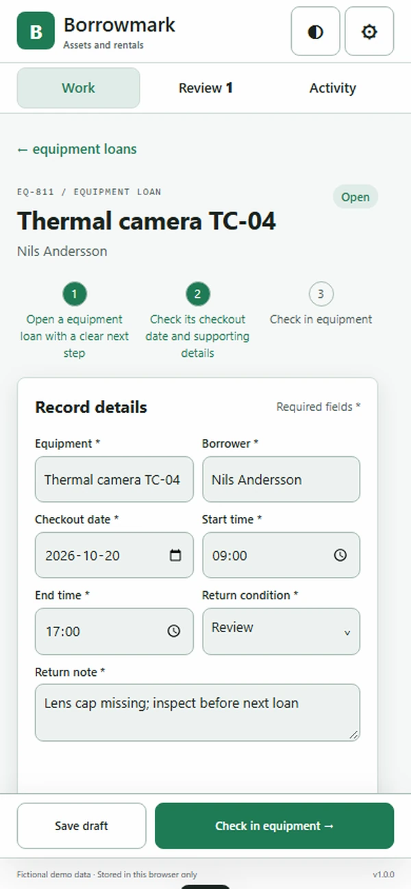 Borrowmark: editable business record and action