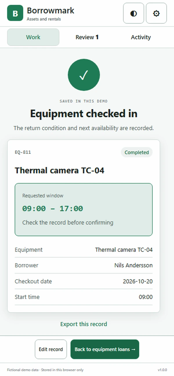 Borrowmark: saved result with recorded details