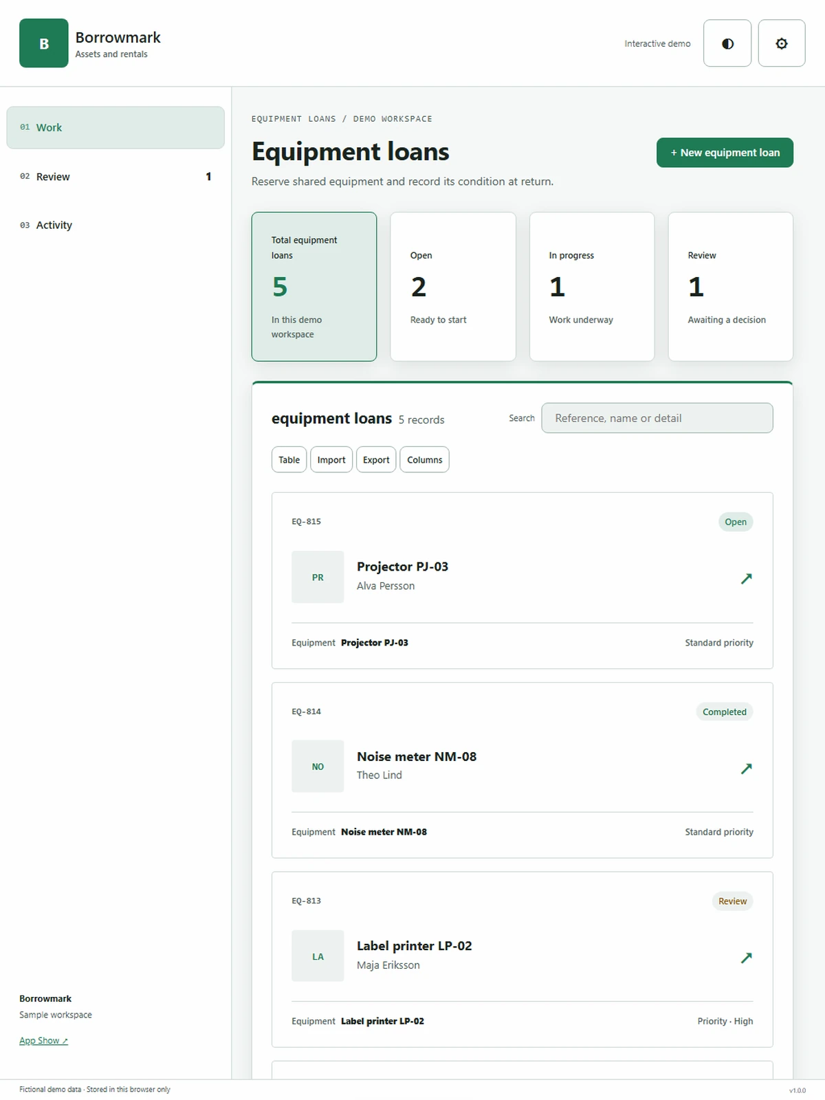 Borrowmark responsive tablet workspace with sample business records.