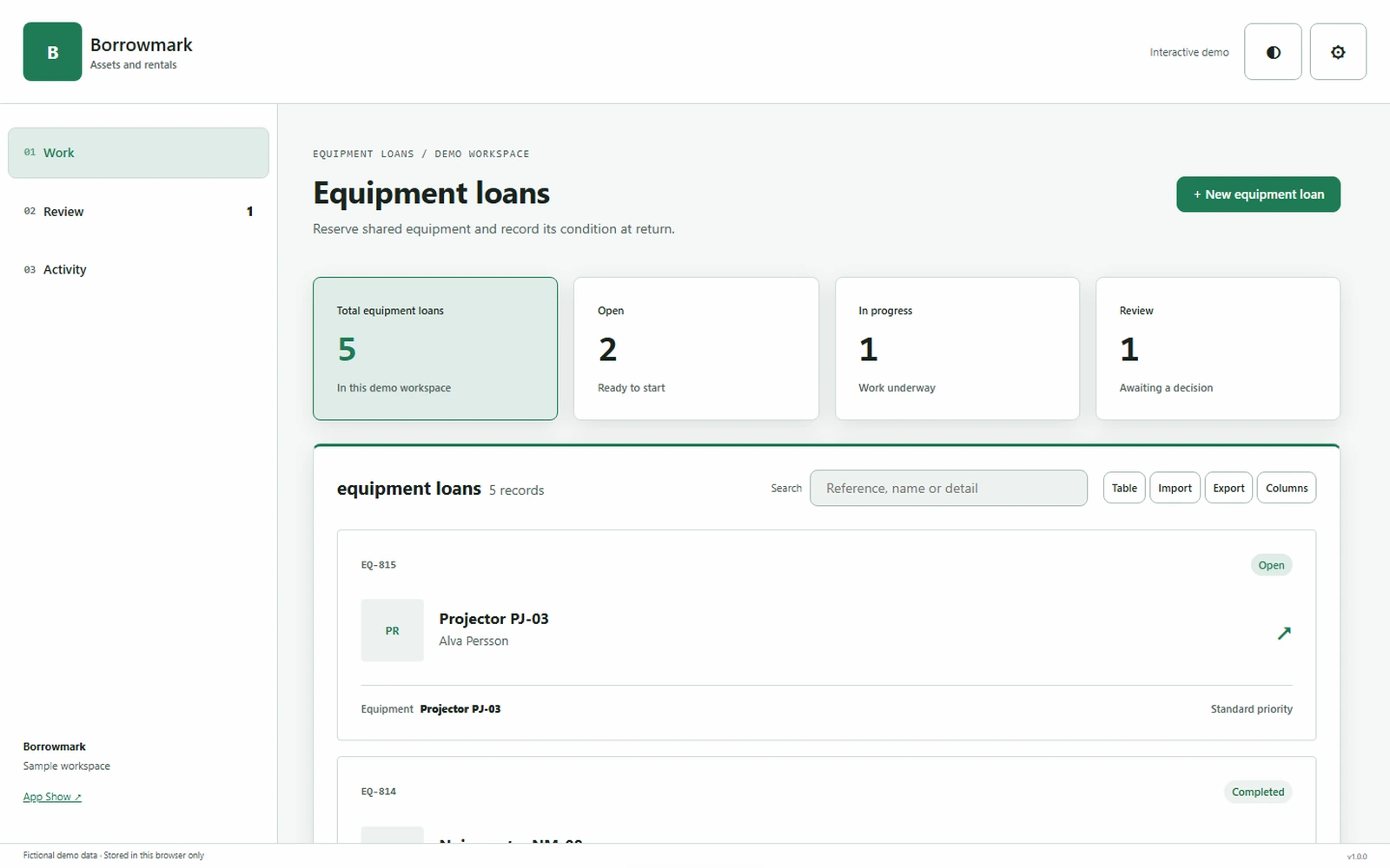 Borrowmark responsive pc workspace with sample business records.