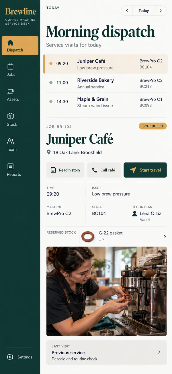 Brewline coffee machine service app: a service visit with the machine history and the right part ready