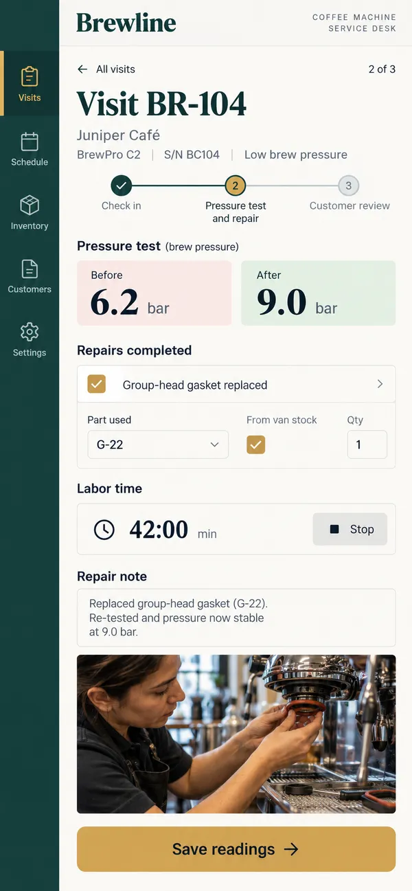 Brewline coffee machine service app: measurements tied to the work performed
