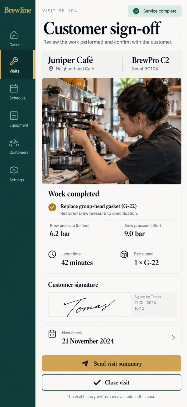 Brewline coffee machine service app: a signed service record left for the customer