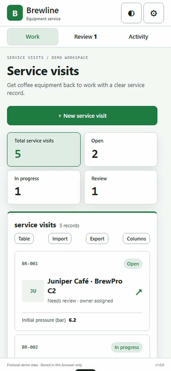Brewline coffee machine service app: a service visit with the machine history and the right part ready