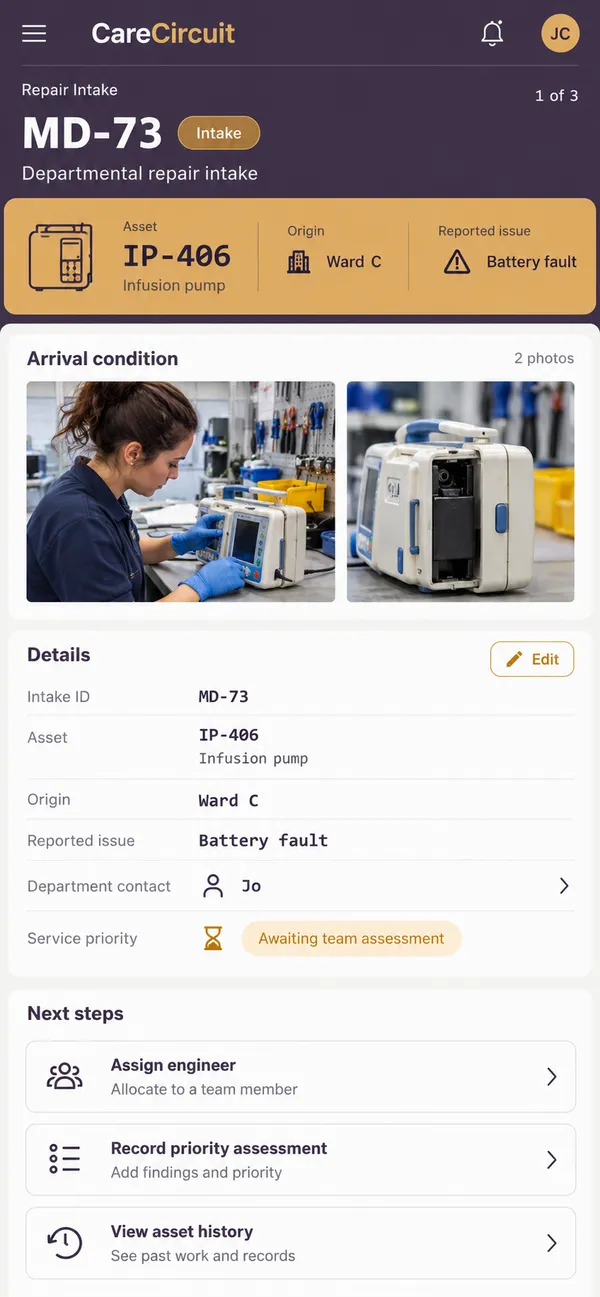 CareCircuit medical device repair app: device intake record with its departmental contact