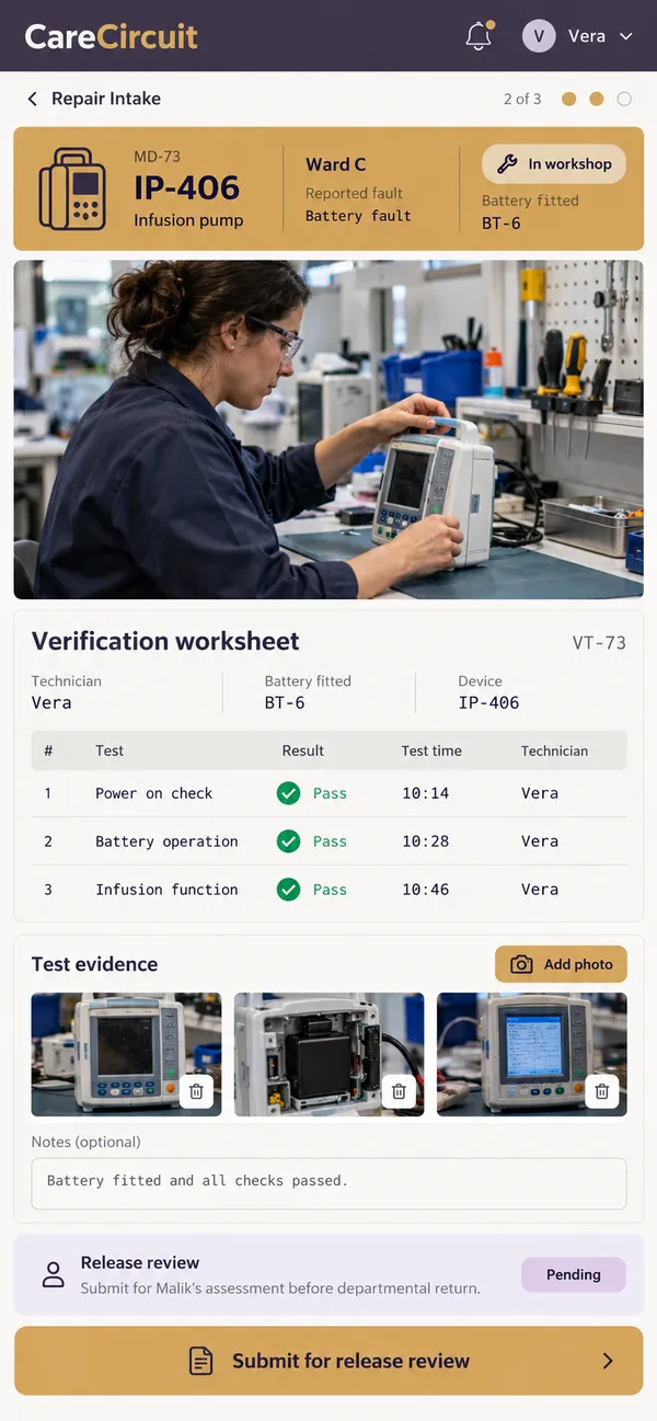 CareCircuit medical device repair app: technician work preserved for the release review