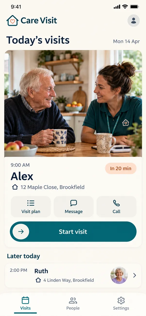 Care Visit home care visit app: today's home-support visits for the carer to review at the start of the day