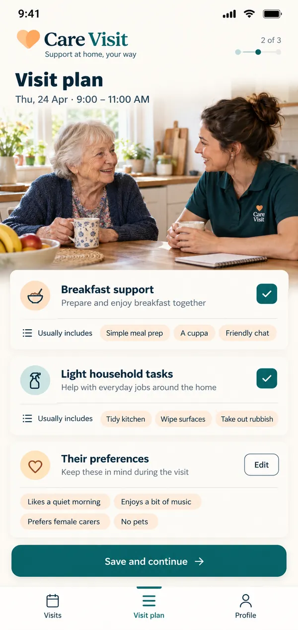 Care Visit home care visit app: a visit plan alongside the person's preferences