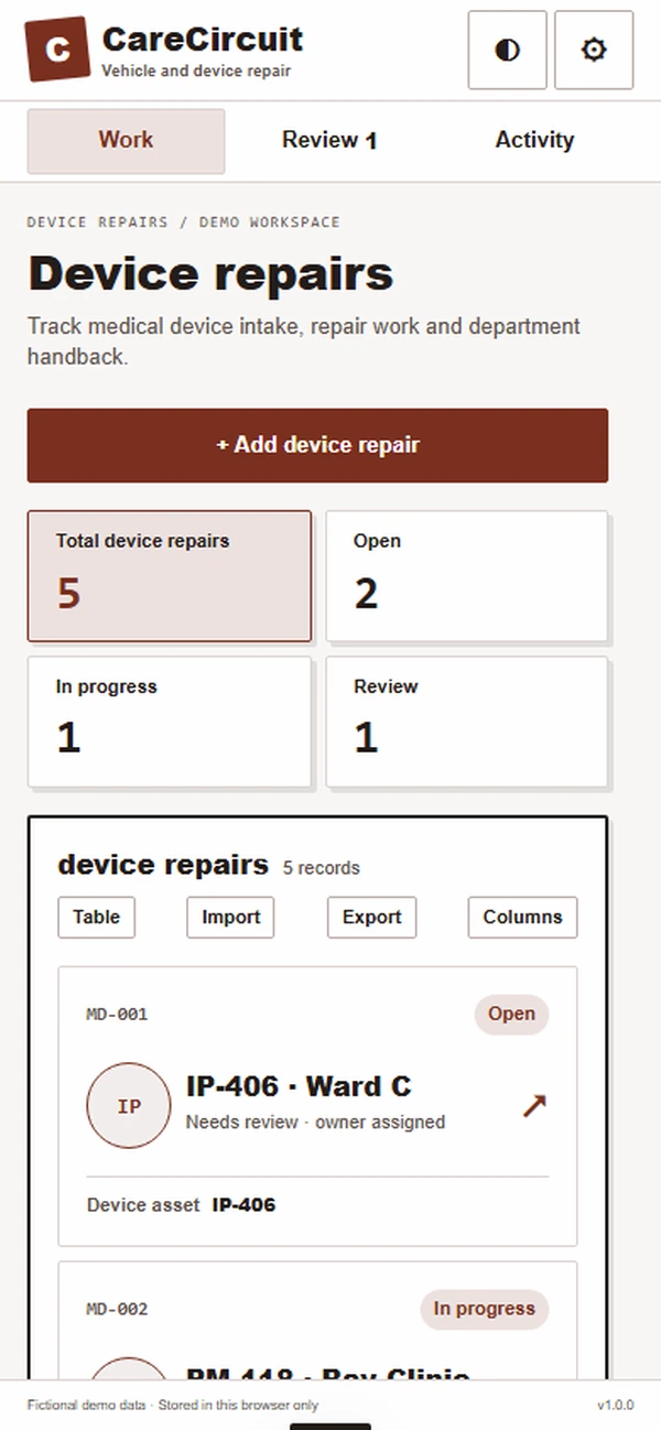 CareCircuit medical device repair app: device intake record with its departmental contact