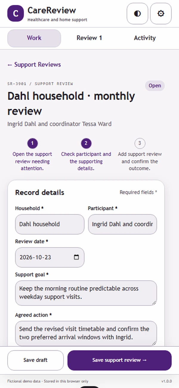 CareReview: editable business record and action