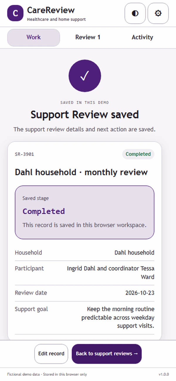 CareReview: saved result with recorded details