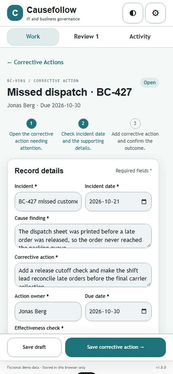 Causefollow: editable business record and action